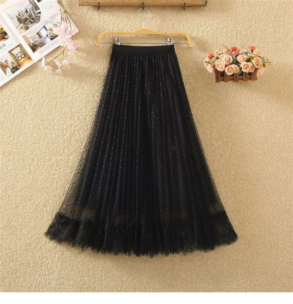Tutu Tulle Long Maxi Skirt Women Fashion 2023 Korean Cute Pink High Waist Pleated Skirt Mesh Female Lady Aesthetic Faldas