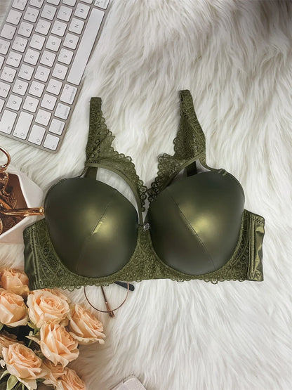 Pu leather fabric women's underwear with underwire pull-up thin mold cup sexy bra