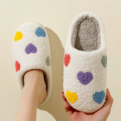 Cute Color Heart Women Slippers Valentine's Day Embroidery Fuzzy Romantic Love Comfy Flat Girl Friend Gift Winter Home Shoes