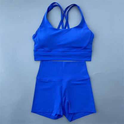 Solid Color gym bike Yoga Set short Legging +cross sport bra Tracksuit  Athletic Women Gym Suit Comprehensive Training Jogging