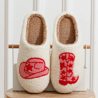 Country Nashville Style Boot Women Slippers Cowgirl Hat Fluffy Slides Comfortable Cozy Comfy Houseshoes Winter Home Cowboy Shoes