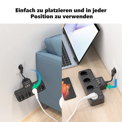 European plug power strip multi-contact socket with 3 USB and 1Type-C ports household power socket with switch surge protector