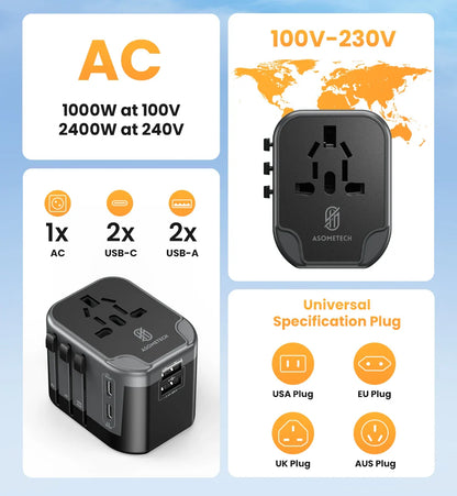 ASOMETECH International Travel Adapter USB Charger 2 USB and 2 Type C Port All-in-one Wall Charger for US EU UK AUS Travel