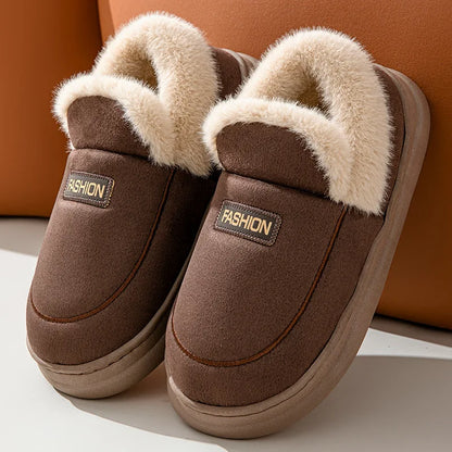 Comwarm Women Cotton Slippers Winter Warm Plush Lined Outdoor Slides Couple Non-slip Furry House Slippers Soft Cozy Cotton Shoes
