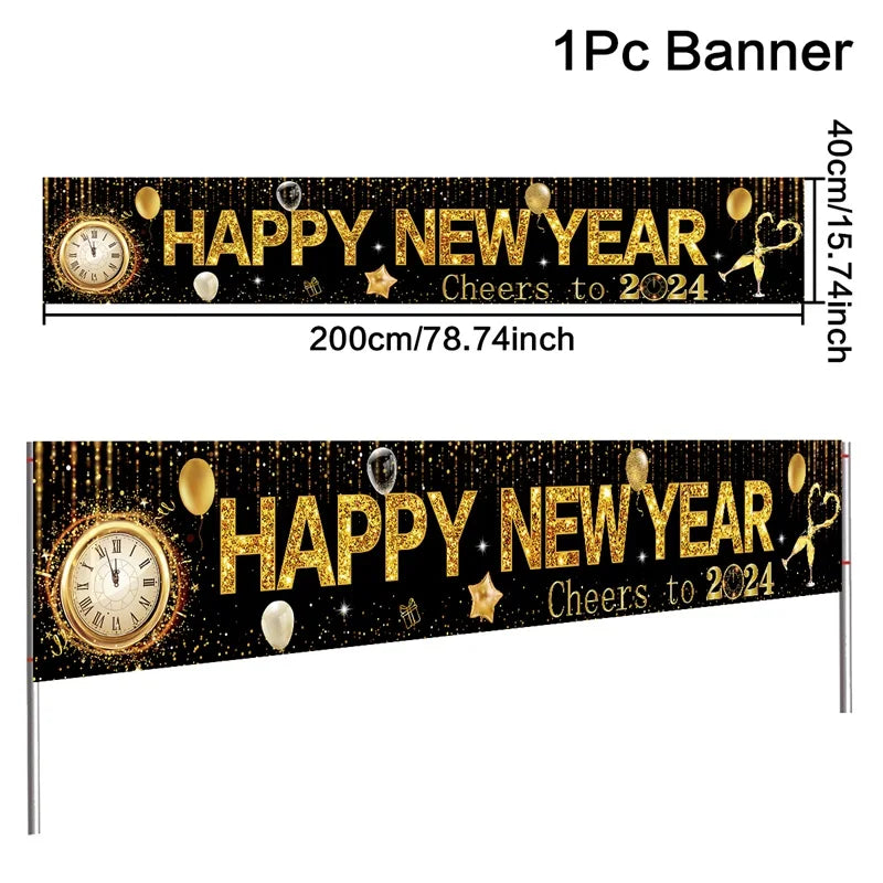 Black/Red Gold Happy New Year 2025 Banner Navidad Natal Noel Outdoor Flags New Year Party Decor Balloon Photography Background