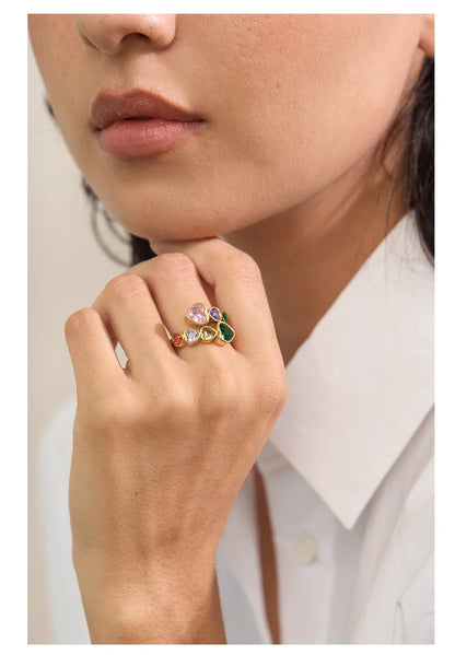 Yhpup Delicate Cubic Zirconia Heart Stainless Steel Gold Color Adjustable Fashion Open Ring High Quality Chic Charm Jewelry