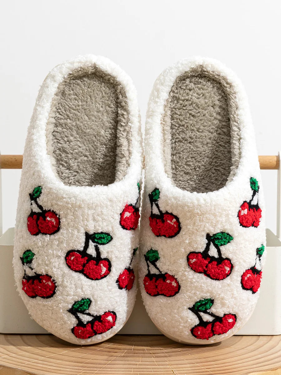 Cute Little Cherry Slippers Women Fluffy Cherries Fur Plush House Shoes Female Bedroom Comfy Home Flat Slip-on Slides New