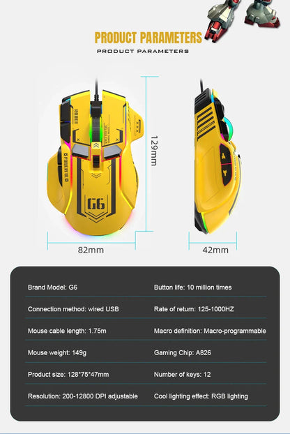 G6 Gaming Mouse Wired 128000DPI ChipA826 RGB Macro-programmable Ergonomic design superior for Gaming and Work