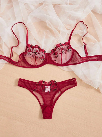 Women Floral Embroidory Underwear Set Sexy Lace Erotic Lingerie Female Bra And Brief Transparent Sensual Push Up Panty Patchwork
