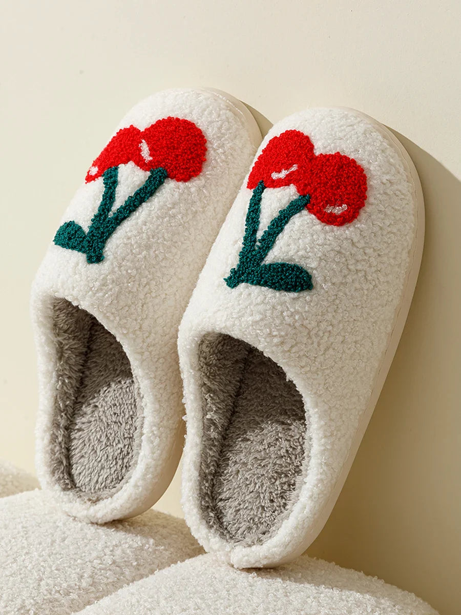 Super Cute Cherries Plush House Slippers for Women, Comfy Home Shoes, Flat Slip-on Slides, Platforms, Winter Slippers