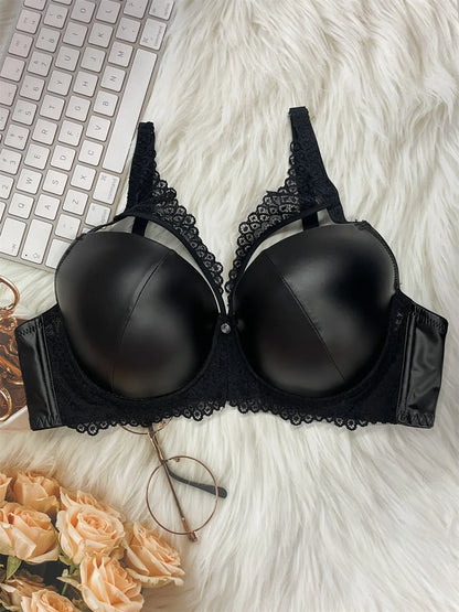 Pu leather fabric women's underwear with underwire pull-up thin mold cup sexy bra