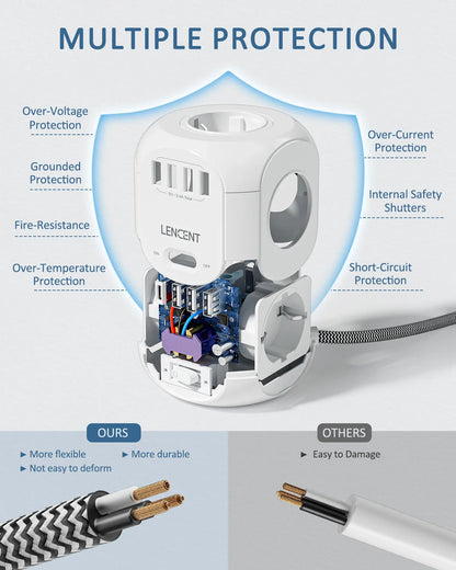 LENCENT EU Plug Power Strip with 4 AC Outlets 3 USB Port 1 Type C 2M/3M Braided Cable Multi Socket with Switch for Home