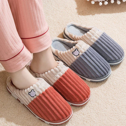 Smile Pop Women Confinement Soft Cotton Slippers Warm Non-slip Plush Home Cotton Slippers Men Winter Couple Cotton Slippers