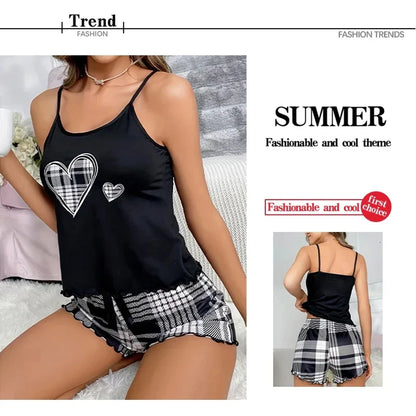 Women's new pajama suspender solid color top plaid shorts two-piece set of home wear