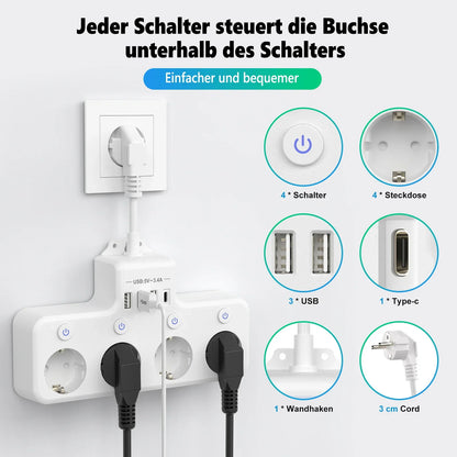 European plug power strip multi-contact socket with 3 USB and 1Type-C ports household power socket with switch surge protector