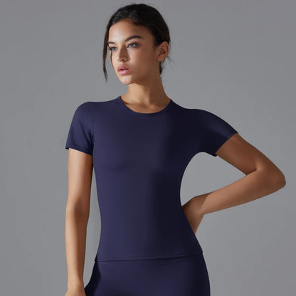 Women Running Sports T Shirt Summer Short Sleeve Round Neck Breathable Stretchy GYM Yoga Slim Fitness Active Top Tee