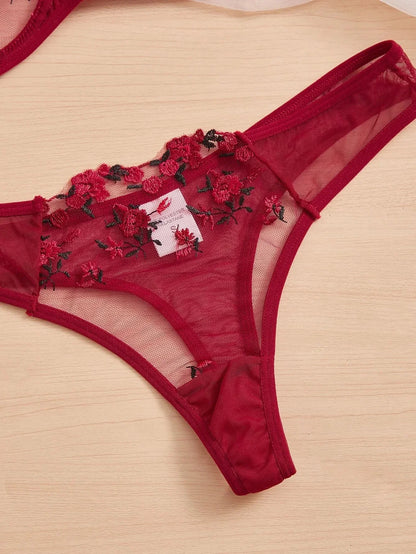 Women Floral Embroidory Underwear Set Sexy Lace Erotic Lingerie Female Bra And Brief Transparent Sensual Push Up Panty Patchwork