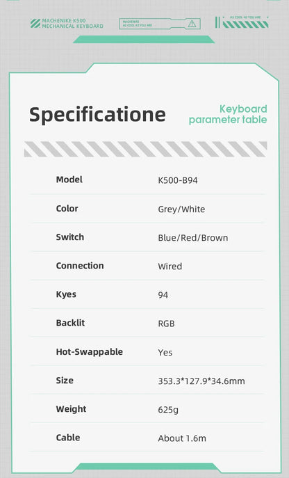 Machenike K500 Mechanical Keyboard Gaming Keyboard Wired Keyboard Hot Swappable 94 Keys RGB Light Mac Windows