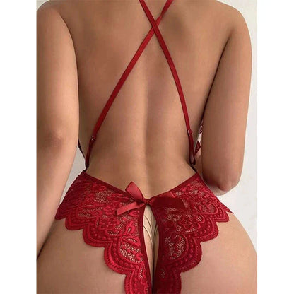 Hot Sell Crotchless Sexy Lingerie Combination Women Lace Hollow Bodysuit Teddy Babydoll Dress Deep V Open Bra Erotic Underwear