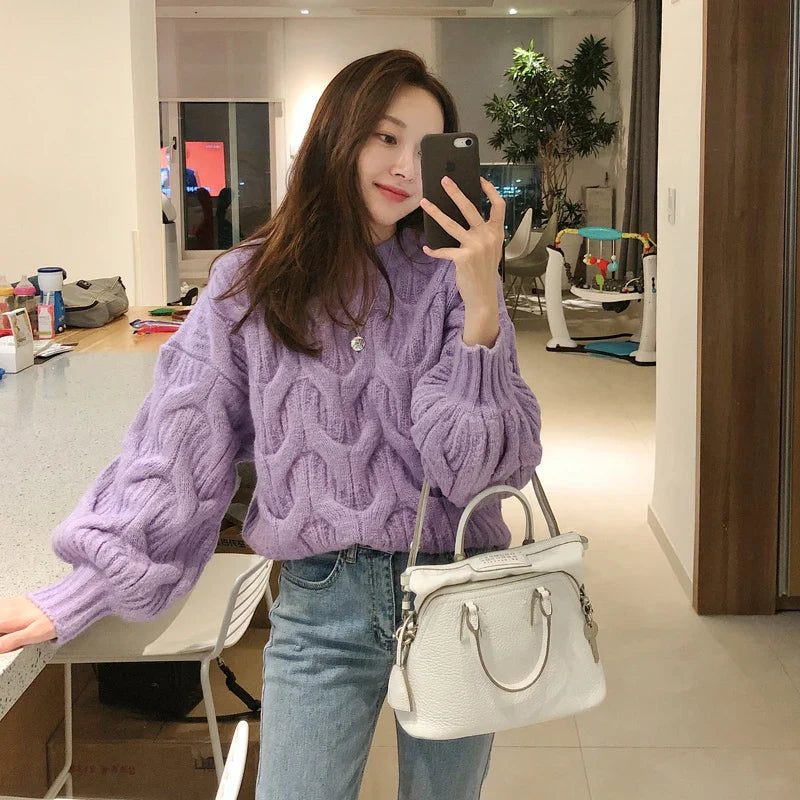 Twist Sweater Women Lantern Long-Sleeved Loose Lazy Chic Fall Winter Korean Knitted Casual O-Neck Pullover Female Sweet Jumpers