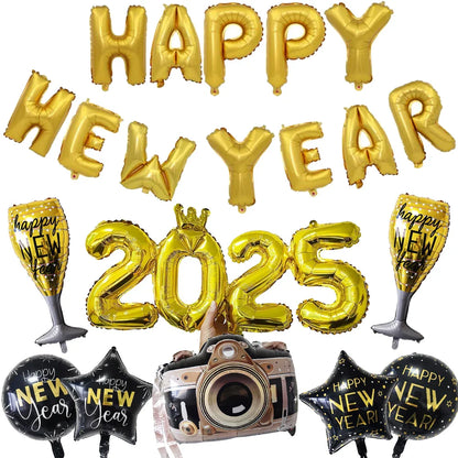 Happy New Year 2025 Balloons Gold Number 2025 Foil Balloons Happy New Year Letters Balloon Banner Gold New Years Eve Party Decor