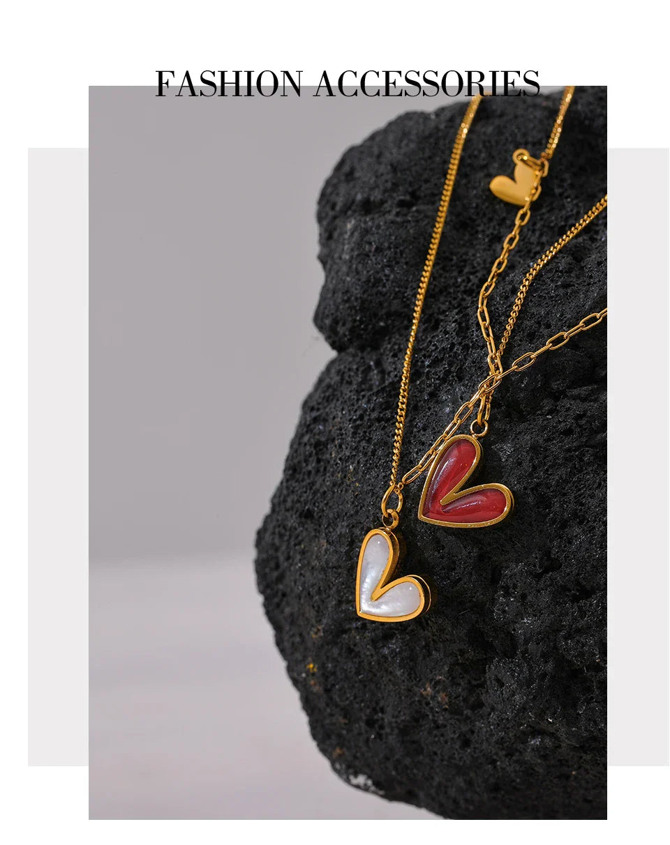 Yhpup Red Enamel White Natural Shell Stainless Steel Heart Pendant Necklace Trendy Exquisite Jewelry Attractive Accessories