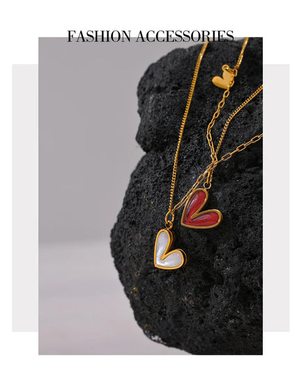 Yhpup Red Enamel White Natural Shell Stainless Steel Heart Pendant Necklace Trendy Exquisite Jewelry Attractive Accessories