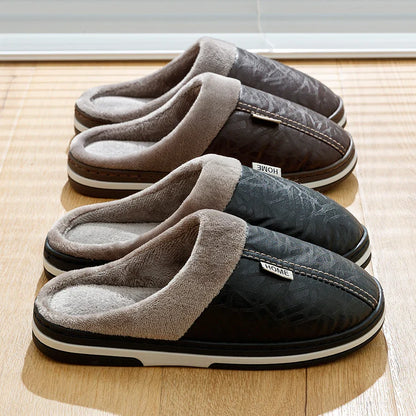 Men's Big Size Winter slippers Indoor PU Leather Home Waterproof Fluffy Casual Slides Men Bedroom Comfy Shoes Houseshoes