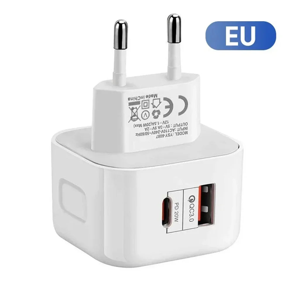 EU US UK 20W Dual Ports Type c USB C PD Wall Charger Fast Quick Charging Power Adapters For IPhone 11 12 13 14 15 Samsung htc lg