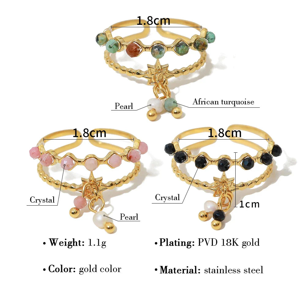 WILD & FREE Trendy Stainless Steel Rings for Women Creative Natural Stone Crystal Charms Aesthetic Adjustable Ring Jewelry