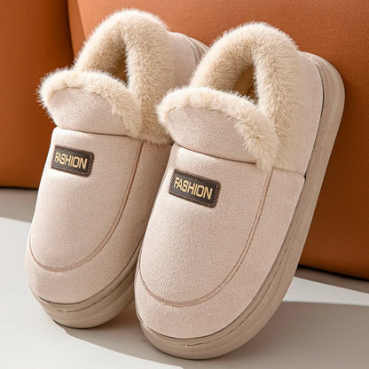 Comwarm Women Cotton Slippers Winter Warm Plush Lined Outdoor Slides Couple Non-slip Furry House Slippers Soft Cozy Cotton Shoes