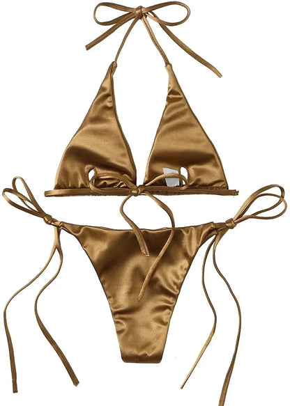 Halter Brazilian Metallic Satin Bikini Women Swimwear Female Swimsuit Two-pieces Bikini Set High Cut Bathing Suit Swim Beachwear