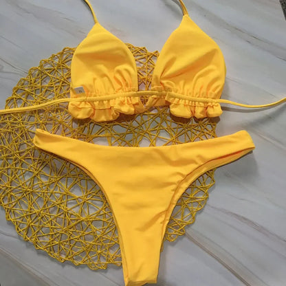 Summer Brazilian Bikini Set Women Sexy Bandage Top Thong Bottom 2 Pieces Set Push-up Swimwear Lace Up Swimsuit Beachwear