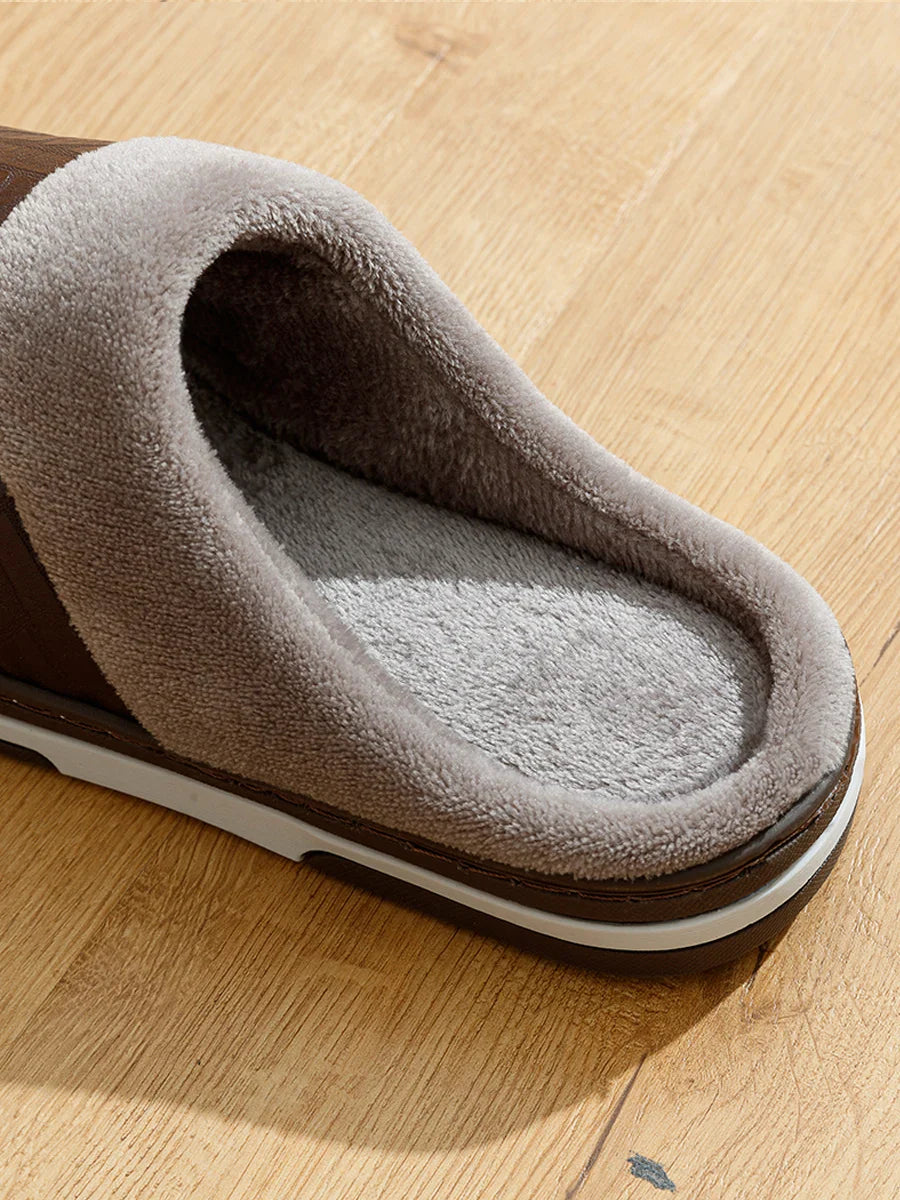 Men's Big Size Winter slippers Indoor PU Leather Home Waterproof Fluffy Casual Slides Men Bedroom Comfy Shoes Houseshoes