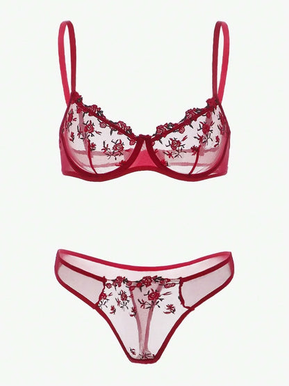 Women Floral Embroidory Underwear Set Sexy Lace Erotic Lingerie Female Bra And Brief Transparent Sensual Push Up Panty Patchwork