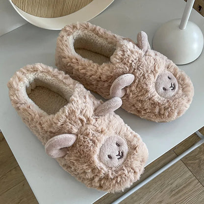 Women Home Fluffy Slippers Platform Anti Slip Comfortable Warm Shoes Cute Sheep Outdoor Couple Slippers Women Men Ladies Shoes