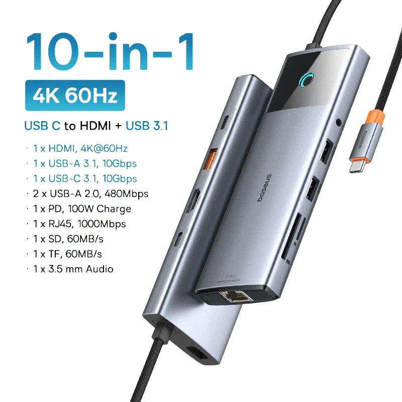 Baseus 10Gbps USB C HUB 4K 60Hz Type C to HDMI RJ45 Ethernet PD 100W for MacBook iPad Sumsang PC Tablet Phone USB 3.2 Gen 2 Hub