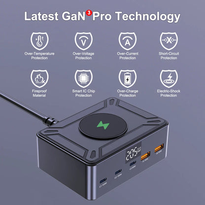 Ueetop 205W GaN Charger Digital Display Desktop USB Type C Charger PD 100W PPS 45W QC4.0 Fast Charging For Laptop Tablet Phone