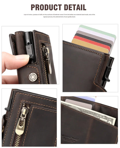 Anti-scan Magnet Credit Card Holder Wallet Genuine Leather Automatic Pop Out Aluminum Smart Wallets Luxury AirTag Purse Set