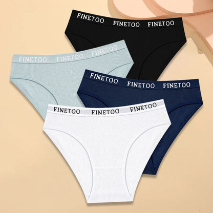 FINETOO 4Pcs Cotton Striped Underwear Women's Panties Letter Belt Briefs Ladies Low Waist Lingerie Solid Breathable Underpants