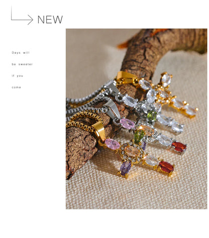 Yhpup Delicate Colorful Bling Cubic Zirconia Cross Pendant Stainless Steel Luxury Necklace High-Grade Fashion Shiny Jewelry Gift