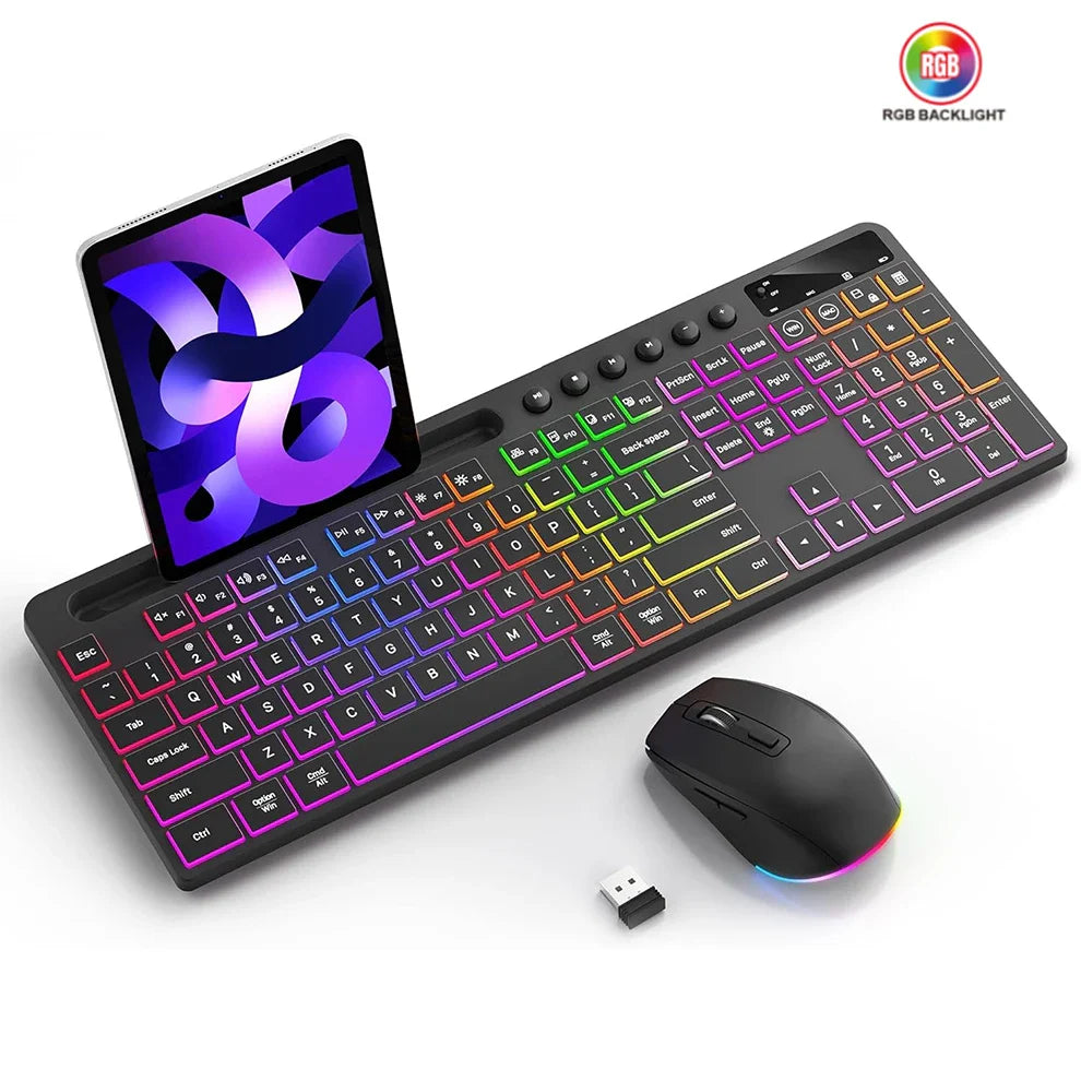 Wireless Keyboard and Mouse Combo with Backlit Full Size Ergonomic Keyboard with Phone Tablet Holder 2.4G Mouse for PC Laptop