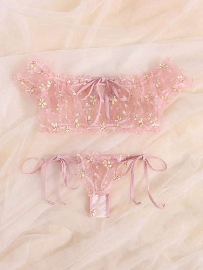 Sexy Fancy Lingerie Set 2 Pieces Transparent Halter Off Shoulder Women's Underwear Beautiful Daisy Print Bra And Panty Sets
