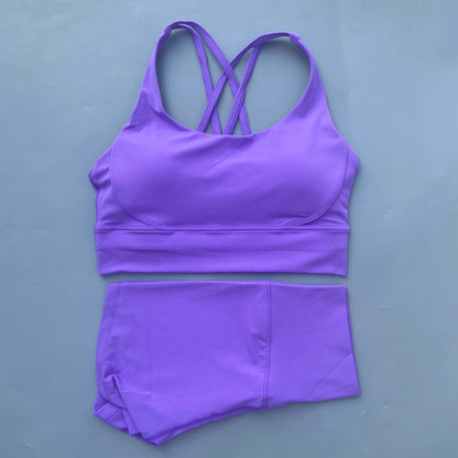 Solid Color gym bike Yoga Set short Legging +cross sport bra Tracksuit  Athletic Women Gym Suit Comprehensive Training Jogging