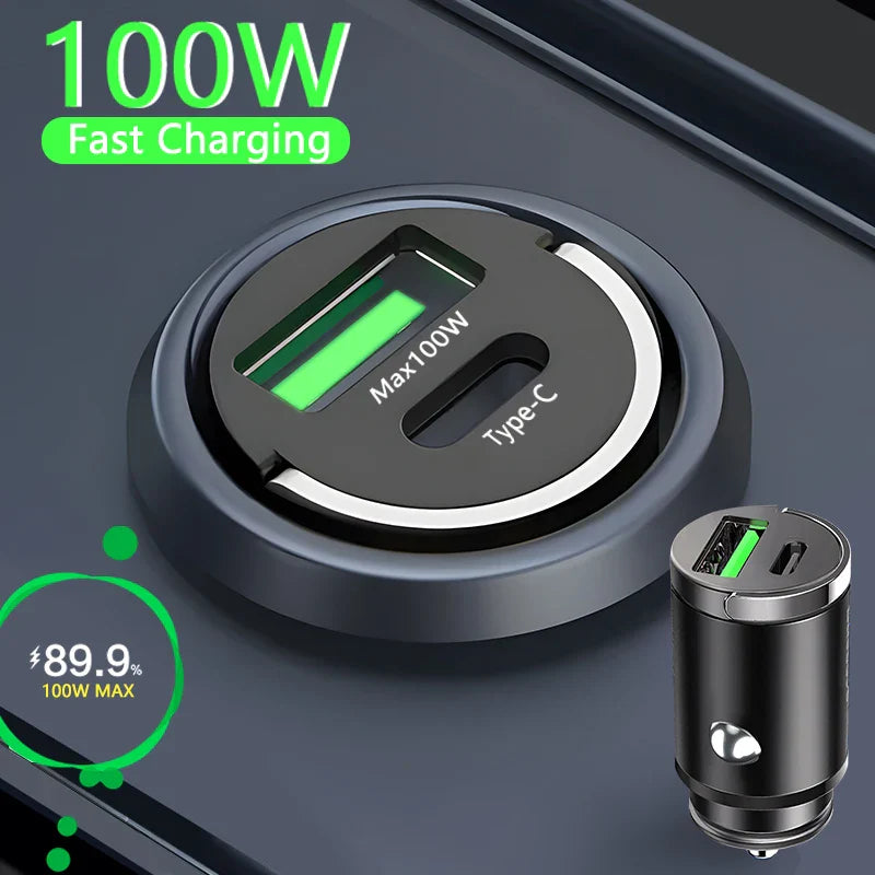 100W USB Car Charger Mini Fast Charging Dual Ports Phone Charger Type C QC3.0 PD Car Chargers for IPhone Xiaomi Huawei Samsung