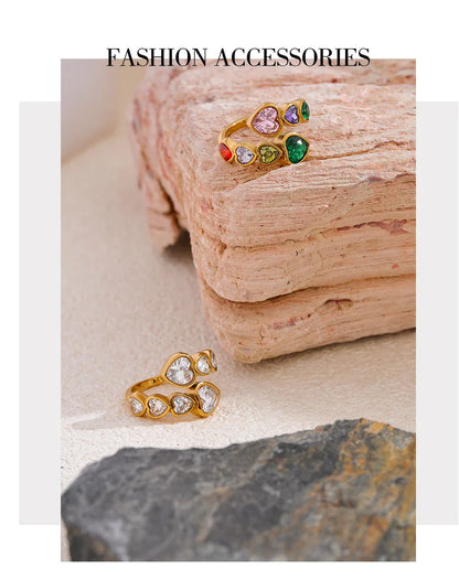 Yhpup Delicate Cubic Zirconia Heart Stainless Steel Gold Color Adjustable Fashion Open Ring High Quality Chic Charm Jewelry