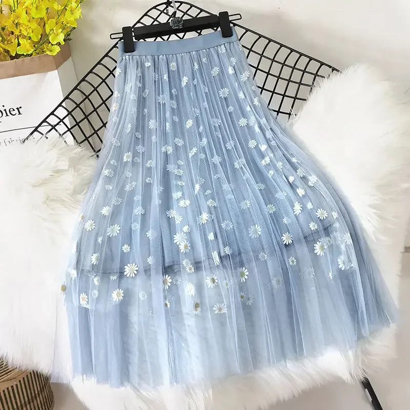 Skirts Women Tender Sweet Korean Style Printed Lady Mesh Ins Classy All-match College Elegant Popular Lovely Girls Stylish Charm