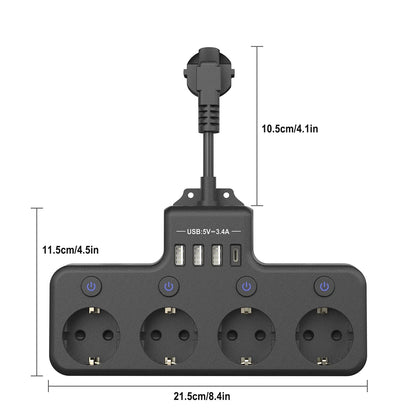 European plug power strip multi-contact socket with 3 USB and 1Type-C ports household power socket with switch surge protector
