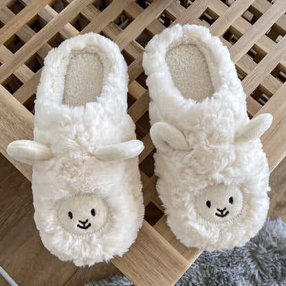 Women Home Fluffy Slippers Platform Anti Slip Comfortable Warm Shoes Cute Sheep Outdoor Couple Slippers Women Men Ladies Shoes