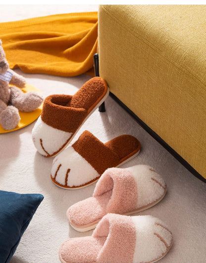 Shevalues Indoor Warm Plush Slippers For Women Men Cute Cat Paw Design House Fur Slippers Mute Flats Slides Indoor Fluffy Shoes